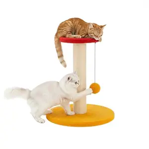 Amazon Basics Cat Scratching Pole and Perch, with Hanging Ball, Red and Yellow, Natural Jute, Sturdy Wooden Base, 44cm (S)